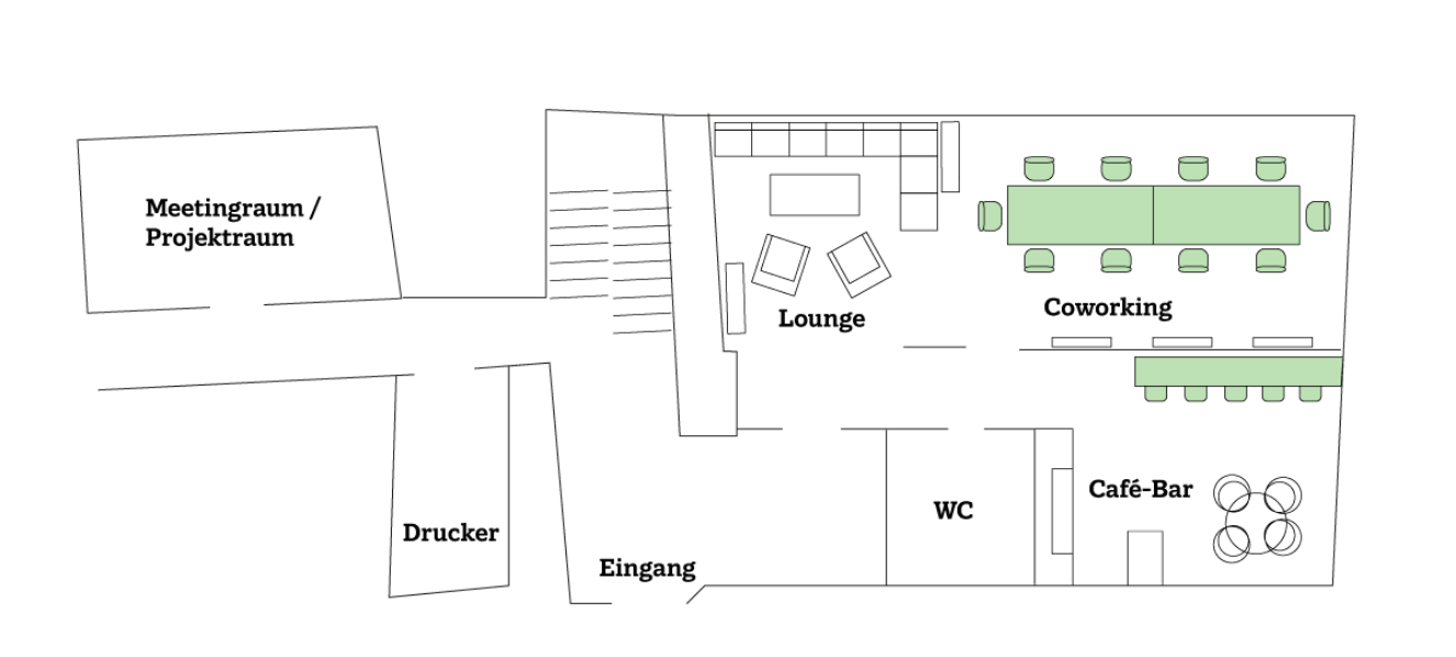 Grundriss des Blau10 mit Arbeitsplätzen, Lounge und Meetingräumen